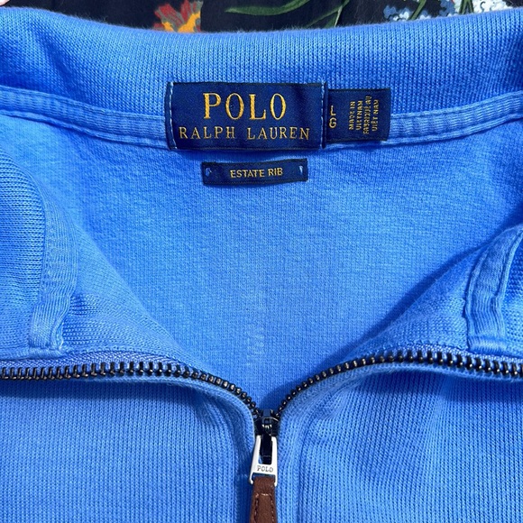 Polo Ralph Lauren Estate Rib 1/4 Zip Sweater robins egg blue yellow logo Large - Picture 5 of 7
